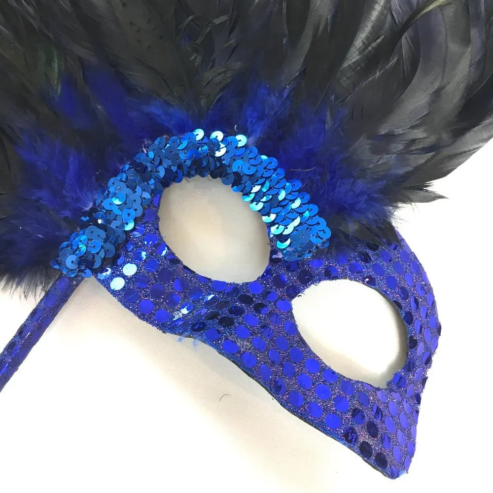 VENETIAN Mask Harlequin Blue Sequin w Black Feathers w/ Handle * NWOT NOS